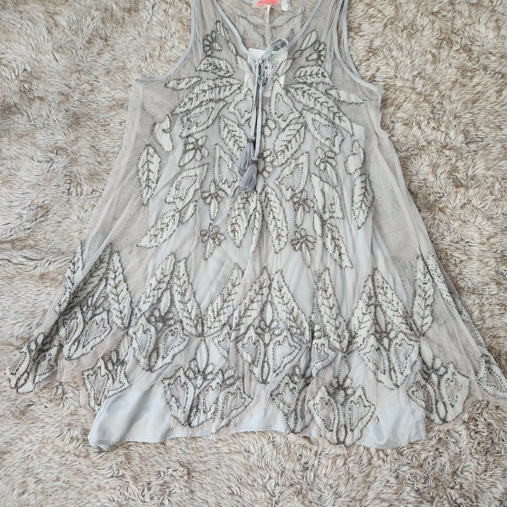 Free People La Palma Trapeze Mini Dress Light Blue Gray‎ Women's Size Large - Picture 4 of 13